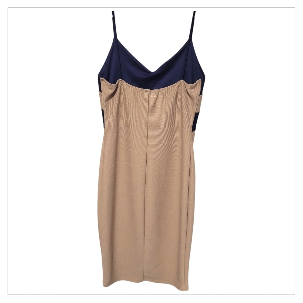 Olive Tree Navy Taupe Colorblock Bodycon Dress SM Criss Cross V Neck Date Nigh - Picture 3 of 6